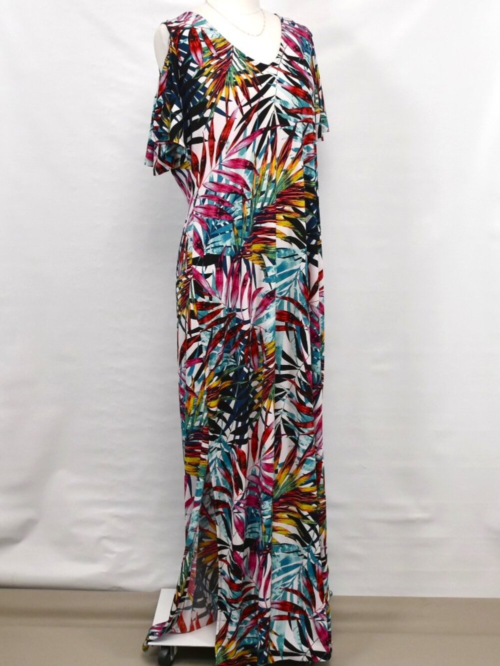 Connected Apparel Tropical Palm Print Cold-Shoulder Maxi Dress - Size 16
